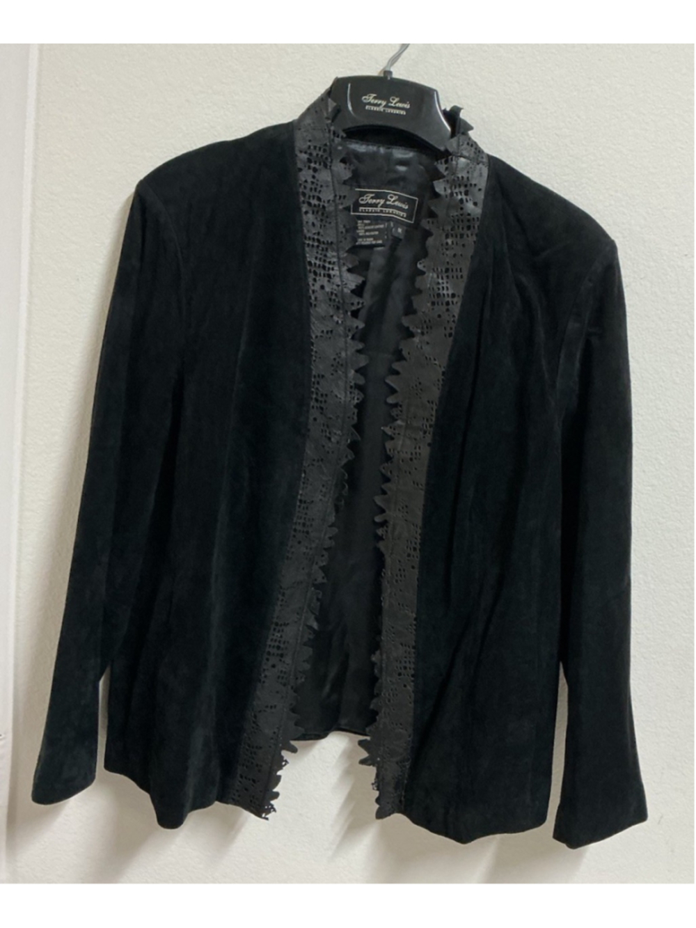 Terry Lewis Leather Jacket Women 1X Plus Black Suede Open Front Perforated Trim.
